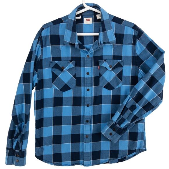 Levi’s Rivet Snap Flannel Shirt Men’s M Blue Black Plaid Western Workwear - Picture 1 of 15